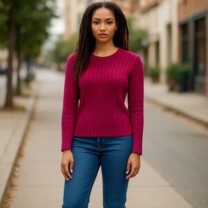 Y2k -Liz Claiborne Womens Ribbed Knit V Neck Long Sleeve Top Pink Sweater‎